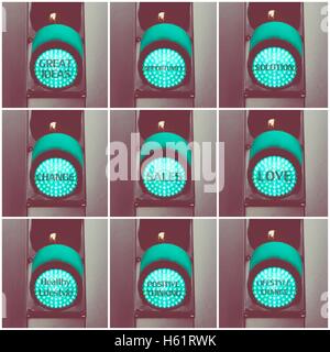 Photo collage con concetto messaggi scritti su verde semaforo Foto Stock
