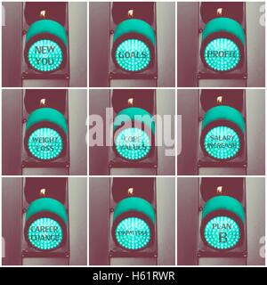 Photo collage con concetto messaggi scritti su verde semaforo Foto Stock
