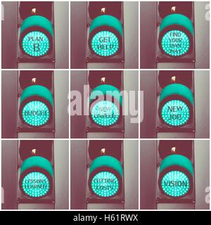 Photo collage con concetto messaggi scritti su verde semaforo Foto Stock