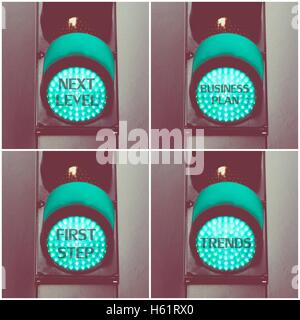 Photo collage con concetto messaggi scritti su verde semaforo Foto Stock