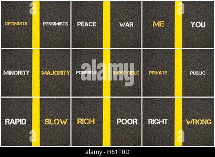 Photo Collage di concetti antonym scritto su asfalto, la segnaletica stradale vernice gialla linea di separazione tra le parole Foto Stock