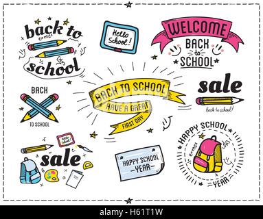 Si torna a scuola preventivi slogan poster set. Vettore colorati adesivi. Moderno scritto a mano scritte scarabocchi elementi, calligraph Illustrazione Vettoriale