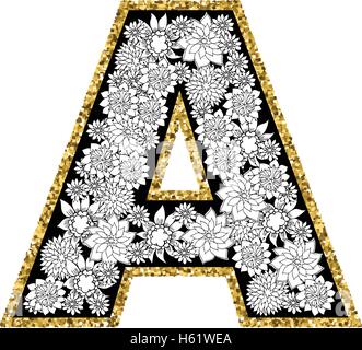 Disegnato a mano alfabeto floreale design. Oro scintillante di contorno. Lettera A. Illustrazione Vettoriale