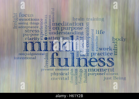 Mindfulness word cloud contro movimento paesaggio sfocata abstract Foto Stock