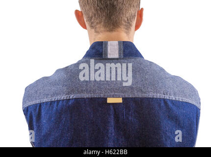 Giovane biondo elegante uomo vestito in un misto di denim shirt, vicino fino dal retro Foto Stock