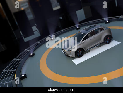 SUV elettrico parcheggio sulla helipad. Il rendering 3D'immagine. Foto Stock