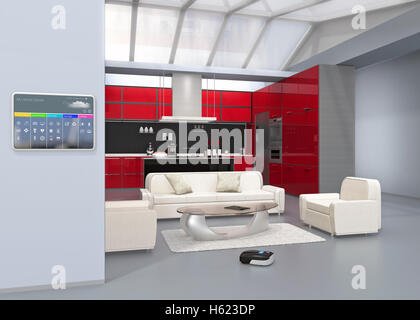 Home automation il pannello di controllo sul muro di cucina. Il rendering 3D'immagine. Foto Stock
