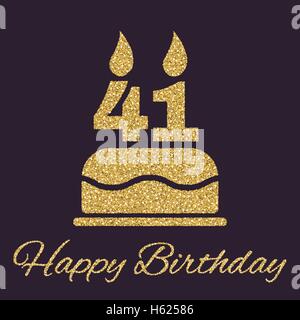La torta di compleanno con candele in forma di numero 41 icona. Simbolo di compleanno. Oro e brillantini glitter Illustrazione Vettoriale