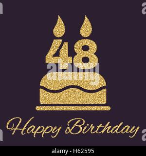 La torta di compleanno con candele in forma di numero 48 icona. Simbolo di compleanno. Oro e brillantini glitter Illustrazione Vettoriale