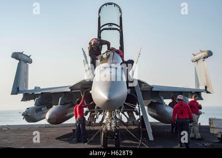 U.S. marinai di effettuare ispezioni su una E/A-18G Growler fighter aircraft sul ponte di volo dell'USN portaerei USS Dwight D. Eisenhower Ottobre 18, 2016 nel Golfo Arabico. Foto Stock