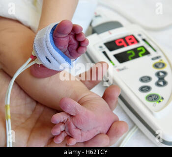 Leipzig, Germania. Xvii oct, 2016. L'infermiera Katrin la misurazione della frequenza cardiaca di un neonato alla Santa Elisabetta ospedale in Leipzig, Germania, 17 ottobre 2016. Il reparto di maternità dell'ospedale sta attualmente vivendo un boom. Con già più di 2.200 bambini, lo stesso intervallo di tempo nell'anno precedente è stato superato di oltre il 20%. A causa della continua baby boom, l'ospedale ritiene una espansione della capacità. Foto: WALTRAUD GRUBITZSCH/dpa/Alamy Live News Foto Stock