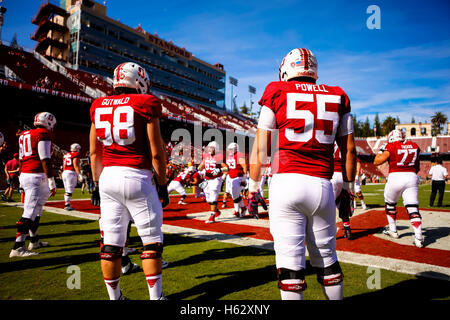 Palo Alto, California, USA. 22 ottobre, 2016. Stanford Offensive Linemen Matteo Gutwald (58) e Dylan Powell (55) durante il pre-partita warmups in NCAA Football azione presso la Stanford University, dotate di Colorado Buffaloes visitando la Stanford cardinale. Colorado ha vinto il gioco, 10-5. © Seth Riskin/ZUMA filo/Alamy Live News Foto Stock