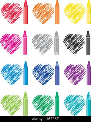 Vettore set colorato di matite colorate e disegni di cuore Illustrazione Vettoriale
