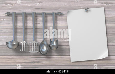 Carta bianca con utensili da cucina 3D Rendering Immagine su sfondo di legno Foto Stock