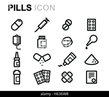 Vettore riga nera pillole di set di icone su sfondo bianco Illustrazione Vettoriale