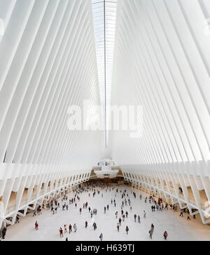 Simile ad una cattedrale hall di transito interno dalla piattaforma di visualizzazione sul livello della strada. L'occhio, World Trade Center Hub di trasporto, New York, Stati Uniti. L'Architetto Santiago Calatrava, 2016. Foto Stock