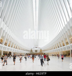 Simile ad una cattedrale hall di transito interni dal livello arrivi. L'occhio, World Trade Center Hub di trasporto, New York, Stati Uniti. L'Architetto Santiago Calatrava, 2016. Foto Stock