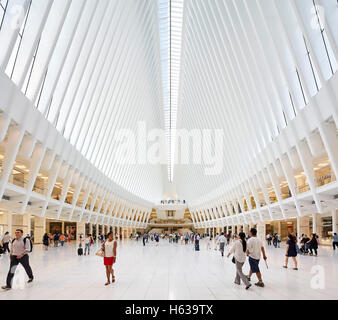 Simile ad una cattedrale hall di transito interni dal livello arrivi. L'occhio, World Trade Center Hub di trasporto, New York, Stati Uniti. L'Architetto Santiago Calatrava, 2016. Foto Stock