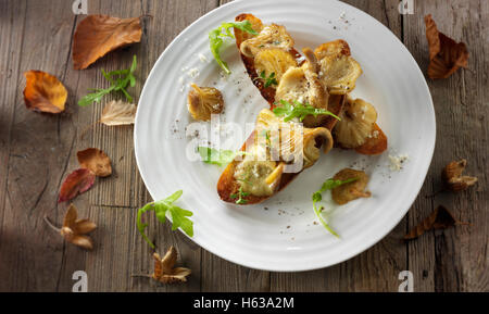 Giallo funghi Oyster saltate in burro e servita sulla pasta acida pane tostato con Wild Rocket Foto Stock