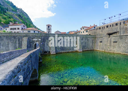 La porta nord (Fiume) di gate, datata 1540, e le antiche mura della città, in Kotor, Montenegro Foto Stock