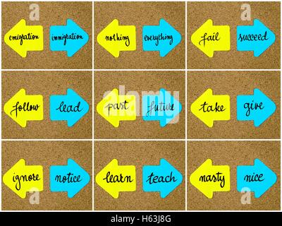 Photo Collage di concetti antonym scritto il giallo e il blu note su carta, frecce opposte imperniata sulla bacheca di sughero con thumbtacks. Scelta immagine concettuale Foto Stock