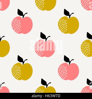 Seamless modello ripetuto con le mele in nero, giallo senape e corallo rosa su sfondo color crema. Illustrazione Vettoriale