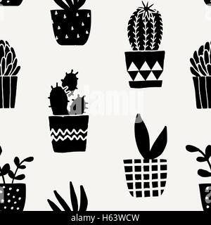 Seamless modello di ripetizione con piante succulente pentole in nero su sfondo color crema. Illustrazione Vettoriale