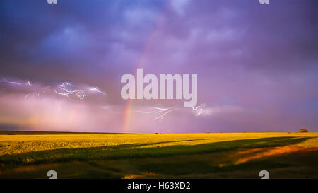 Di fulmini e un arcobaleno al tramonto in una tempesta ritirandosi oltre l'Alberta prairie, luglio 18, 2016. Vi è un debole o Foto Stock