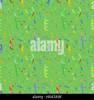 Serpentina colorate e coriandoli, piatto seamless pattern su sfondo verde Illustrazione Vettoriale