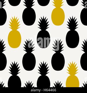 Seamless modello di ripetizione con ananas in nero e giallo su sfondo color crema. Tessile moderno, biglietto di auguri, poster, wrap. Illustrazione Vettoriale
