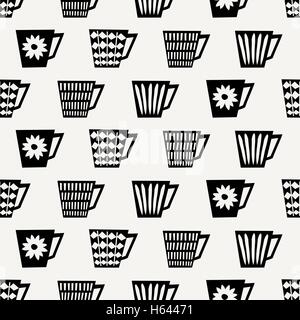 A metà secolo e in stile perfetta sequenza di ripetizione con tazze da caffè in nero su sfondo color crema. Illustrazione Vettoriale