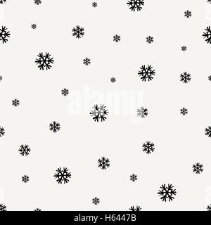 Seamless modello di ripetizione con fiocchi di neve in nero su sfondo color crema. Pannellizzazione sfondo festosa, biglietto di auguri o avvolgimento pape Illustrazione Vettoriale