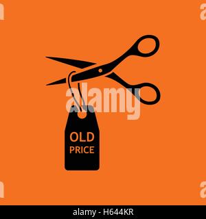 Forbici tagliare il vecchio prezzo di etichetta icona. Sfondo arancione con nero. Illustrazione Vettoriale. Illustrazione Vettoriale