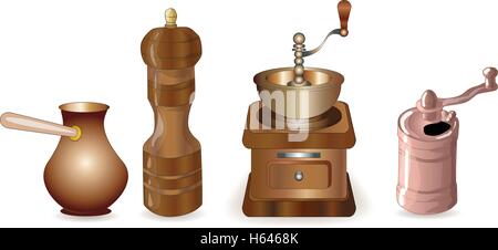 Set di caffe'. In vecchio stile manuale burr mill macinino da caffè, cezve, turco manuale caffè e pepe mole. Illustrazione Vettoriale