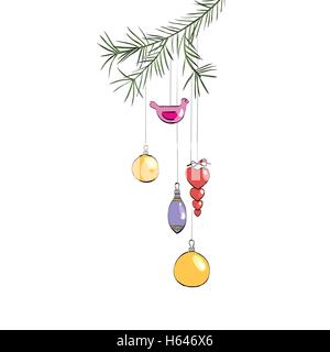 Giocattoli di Natale appeso a un ramo Illustrazione Vettoriale