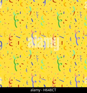 Esplosione di party popper con i confetti, piatto seamless pattern su sfondo giallo Illustrazione Vettoriale