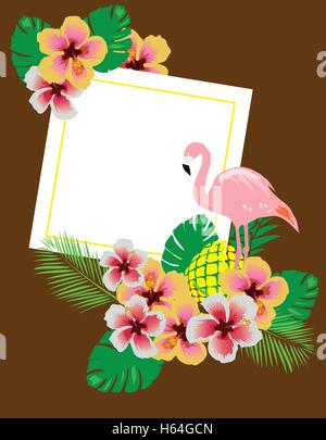 Illustrazione vettoriale di flamingo sfondo con fiori, foglie di palmo, ananas, telaio Illustrazione Vettoriale