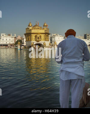 La religione Sikh l uomo con la testa piegata nella preghiera al Tempio d'oro, Sri Harmandir Sahib, di Amritsar, Indai Foto Stock