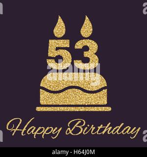 La torta di compleanno con candele in forma di numero 53 icona. Simbolo di compleanno. Oro e brillantini glitter Illustrazione Vettoriale