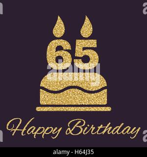 La torta di compleanno con candele sotto forma di numero di icona 65. Simbolo di compleanno. Oro e brillantini glitter Illustrazione Vettoriale