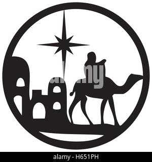 Adorazione dei Magi silhouette icona illustrazione vettoriale su sfondo bianco. Scena della Sacra Bibbia Illustrazione Vettoriale