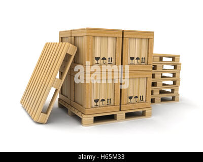 Il box di carico e del pallet su sfondo bianco (fatto in 3D rendering) Foto Stock