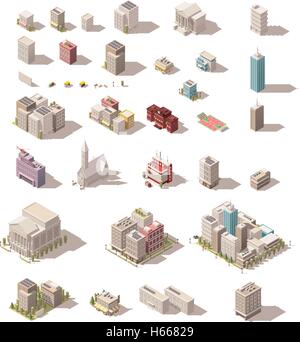 Isometrica del vettore low poly set di edifici Illustrazione Vettoriale