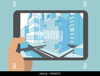 Illustrazione Vettoriale di mano azienda moderna tablet o smart phone con visualizzazione 3D di una città visualizzato sullo schermo a sfioramento Illustrazione Vettoriale