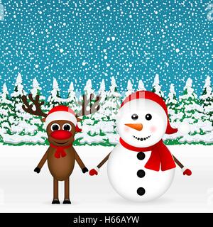 La renna e un pupazzo di neve in piedi nella foresta Illustrazione Vettoriale
