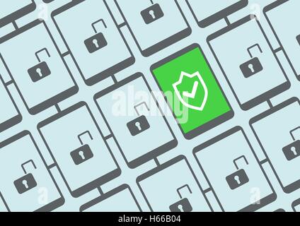 La sicurezza mobile concetto illustrazione vettoriale con più protetta e non protetta di telefoni intelligenti Illustrazione Vettoriale