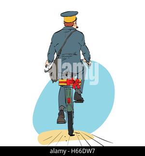 Retrò postino sulla bici con invio di dono Illustrazione Vettoriale