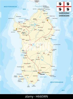 Road map del Mediterraneo italiano Iseland Sardegna con bandiera Illustrazione Vettoriale