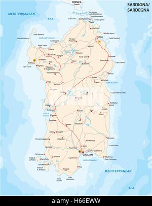 Mappa stradale italiana di isola del Mediterraneo la Sardegna Illustrazione Vettoriale