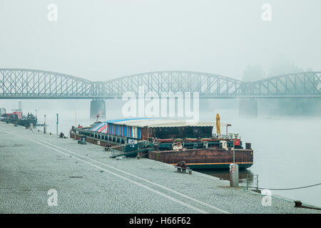 La nebbia di mattina autunnale sul fiume Moldava a Praga, Repubblica Ceca. Foto Stock